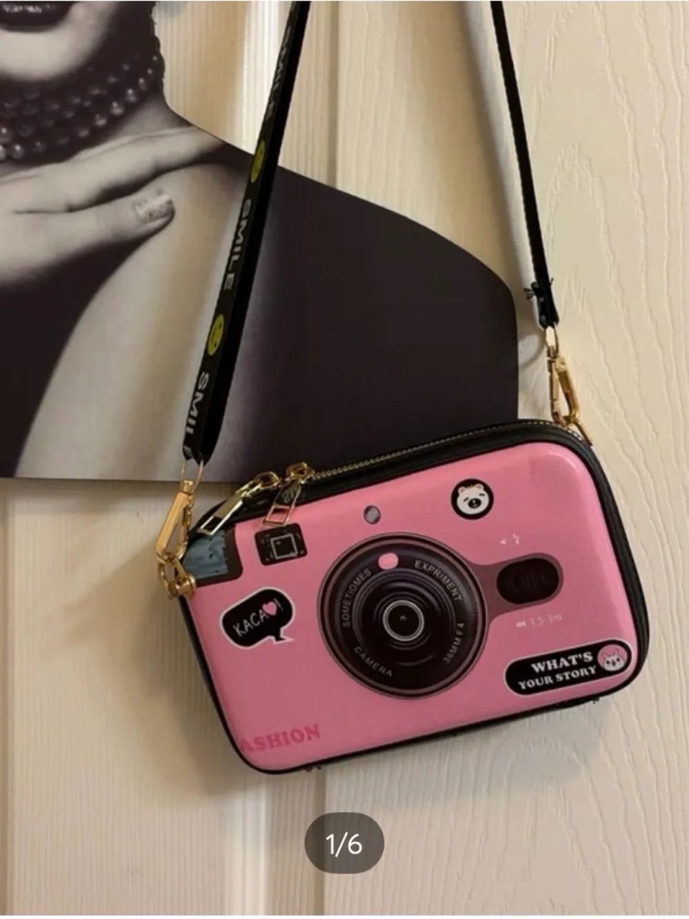 Pink Fashion Camera-Style Crossbody Bag with Smile Strap